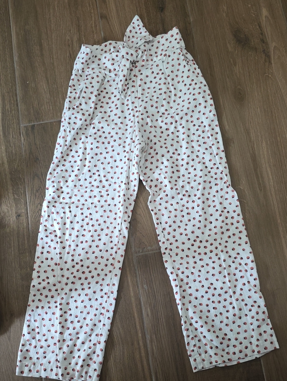 White Paperbag Waist Pants with Red Polka Dot Print